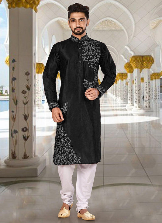 Aari Work Dupion Silk Black Kurta Pyjama - M2281