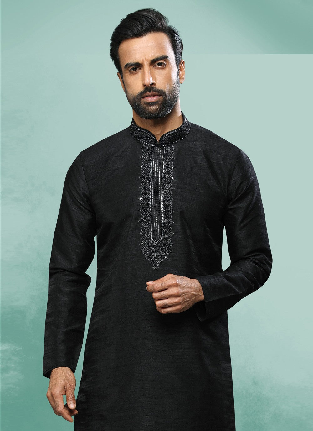 Embroidered Art Silk Black Kurta Pyjama - M4371