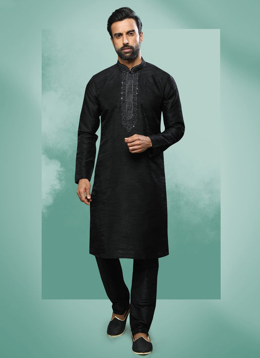 Embroidered Art Silk Black Kurta Pyjama - M4371