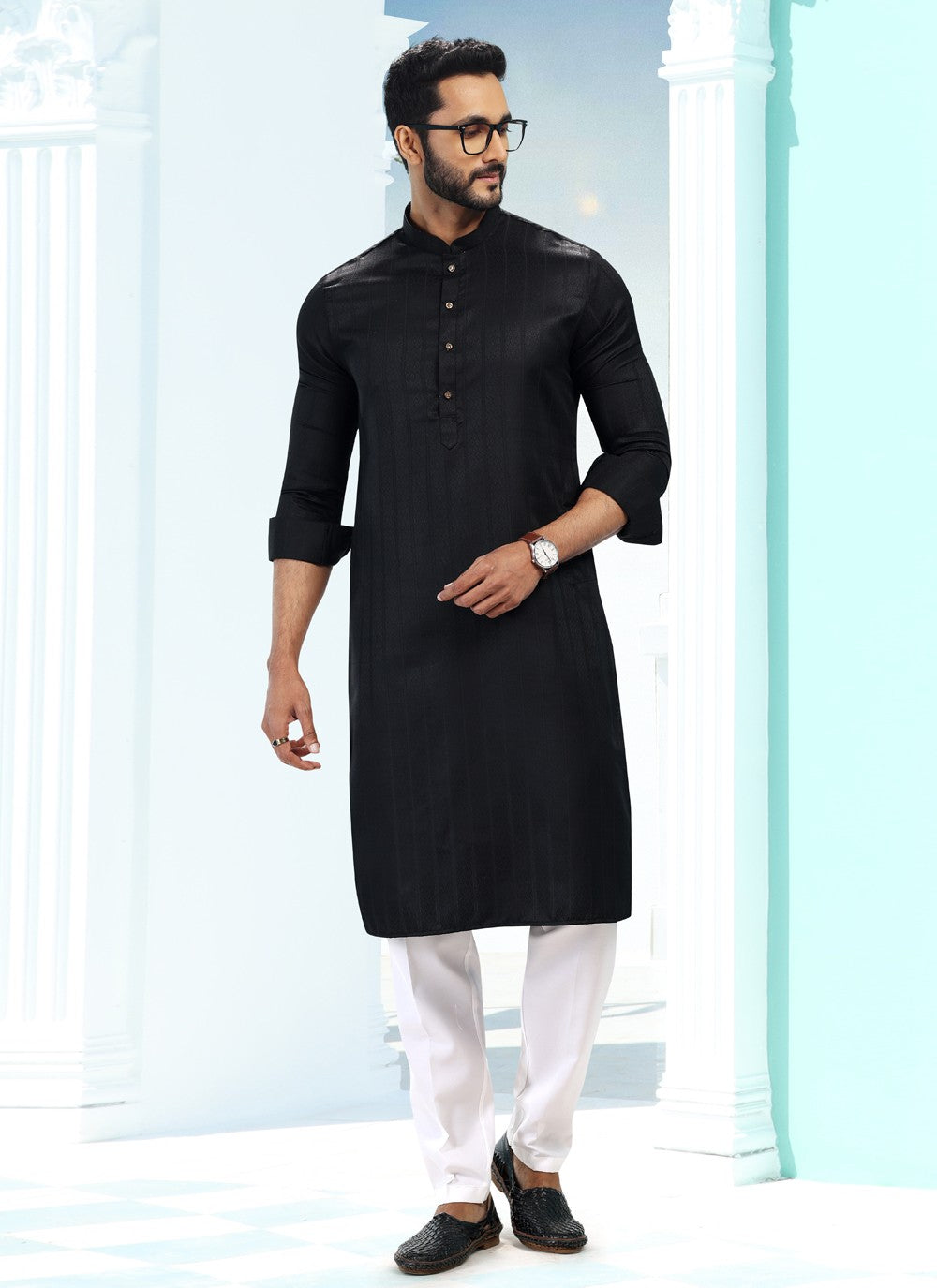 Fancy Work Silk Black Kurta Pyjama - M5188