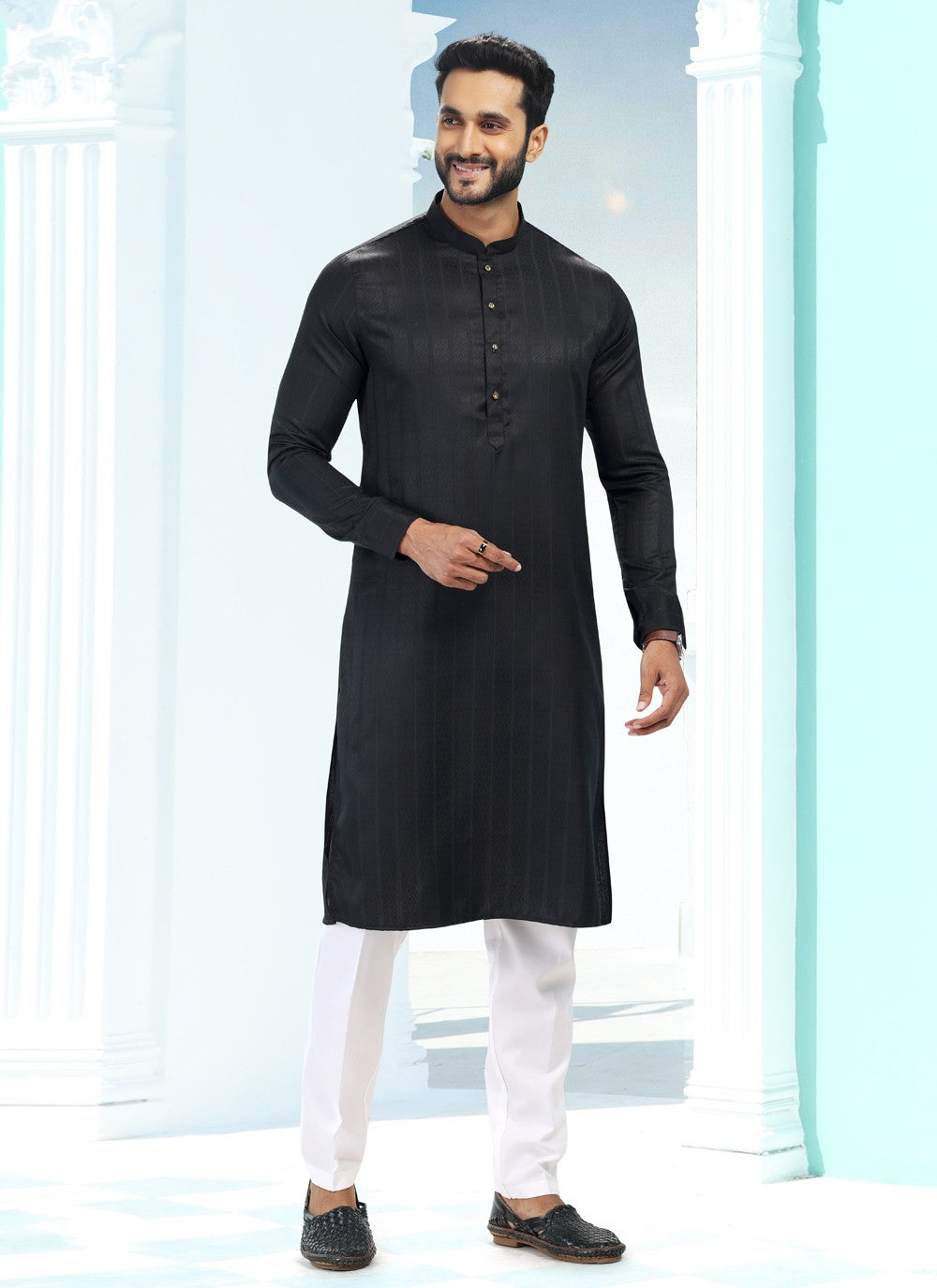 Fancy Work Silk Black Kurta Pyjama - M5188