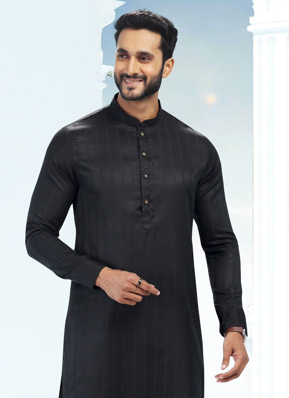 Fancy Work Silk Black Kurta Pyjama - M5188