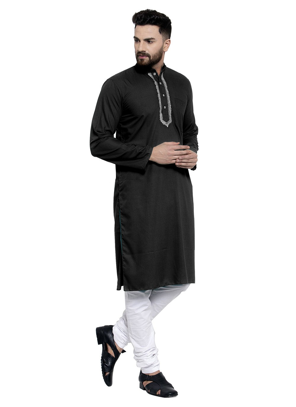 Machine Embroidery Blended Cotton Black Kurta Pyjama - M5663