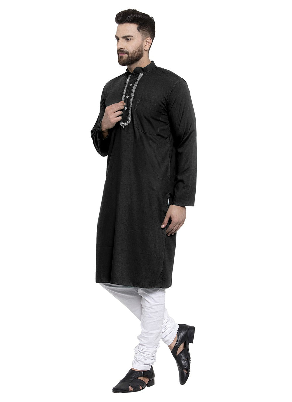 Machine Embroidery Blended Cotton Black Kurta Pyjama - M5663