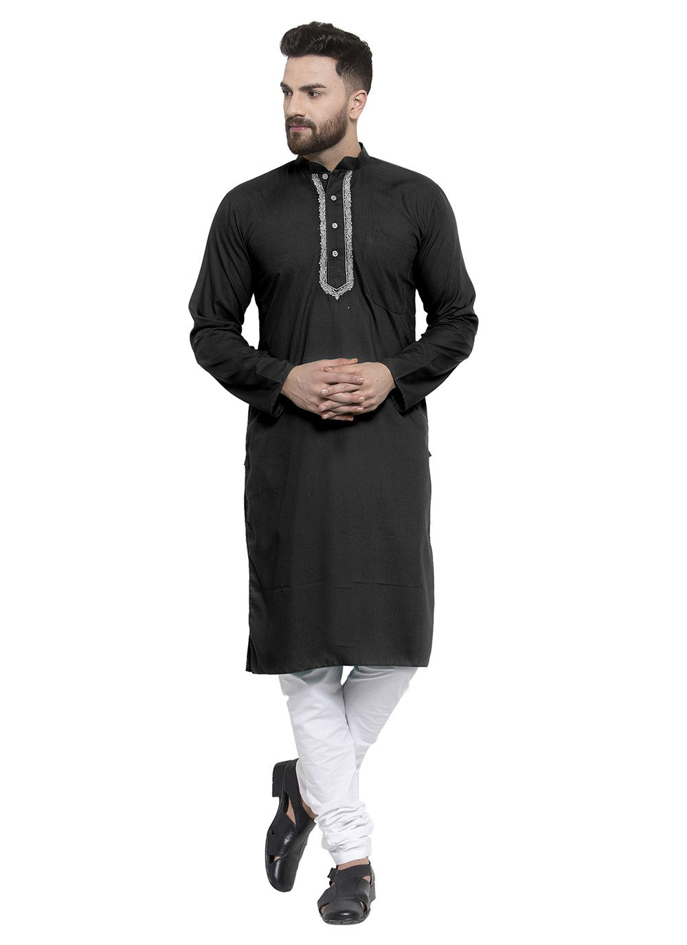 Machine Embroidery Blended Cotton Black Kurta Pyjama - M5663