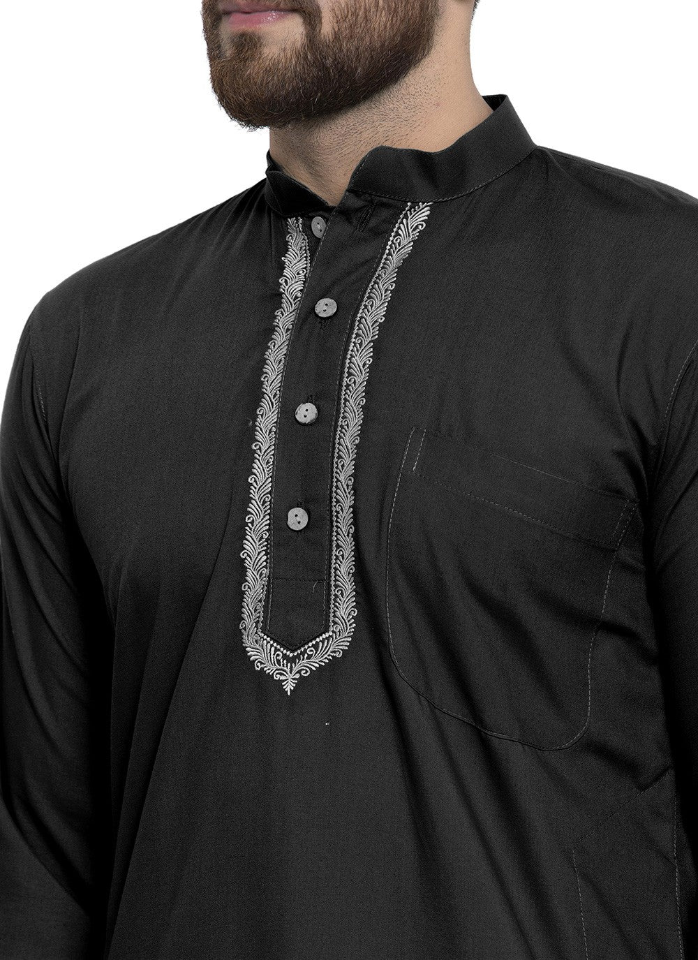 Machine Embroidery Blended Cotton Black Kurta Pyjama - M5663