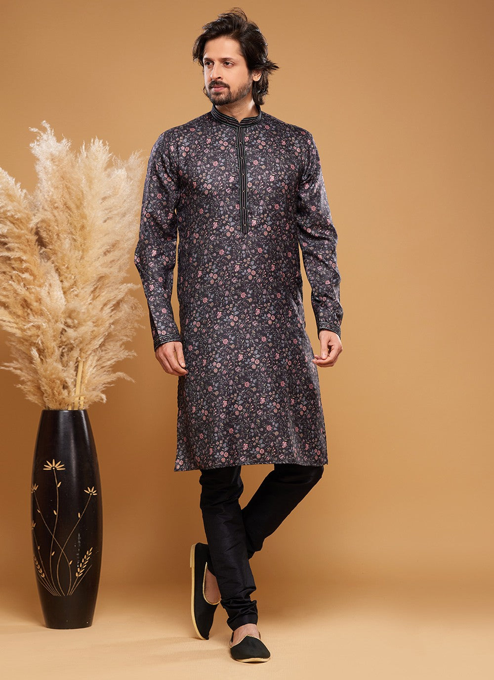 Digital Print Art Silk Black Kurta Pyjama - M6043