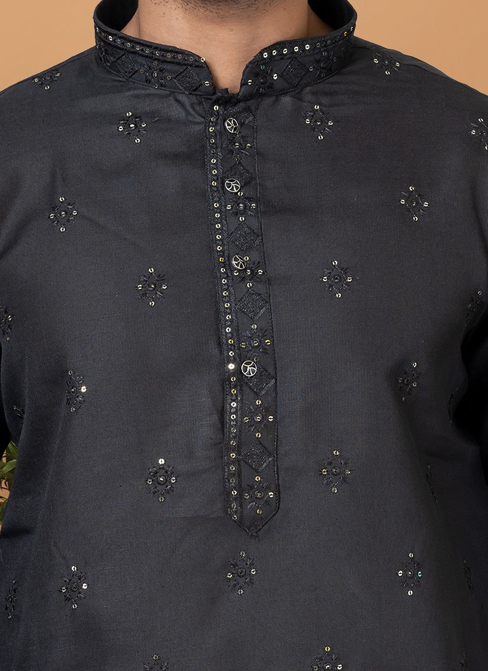 Embroidered Polly Cotton Black Kurta Pyjama - M6273