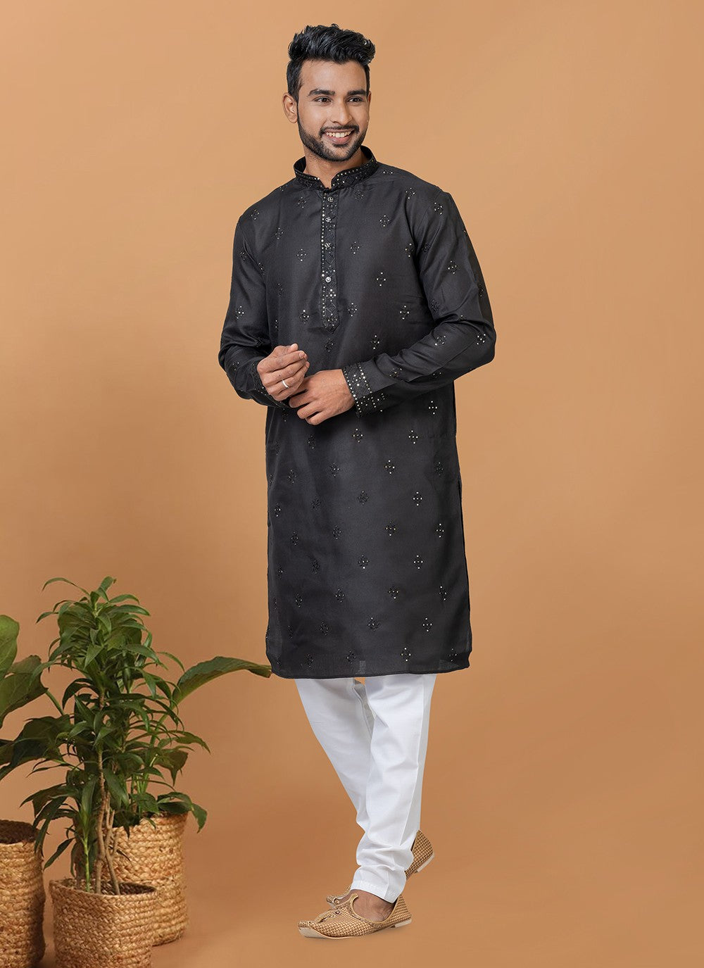 Embroidered Polly Cotton Black Kurta Pyjama - M6273