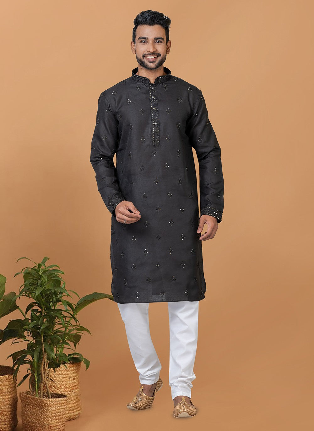 Embroidered Polly Cotton Black Kurta Pyjama - M6273