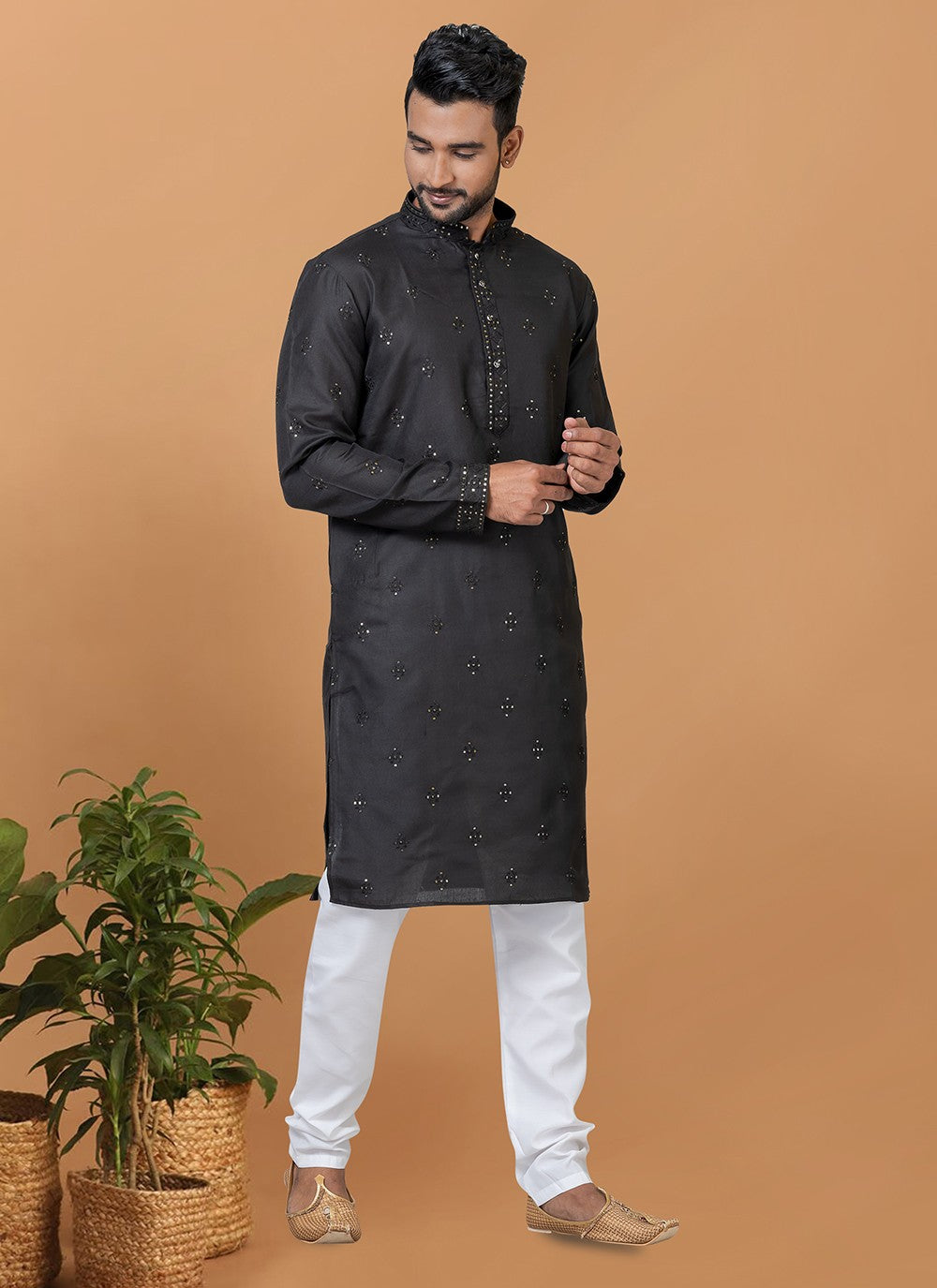 Embroidered Polly Cotton Black Kurta Pyjama - M6273