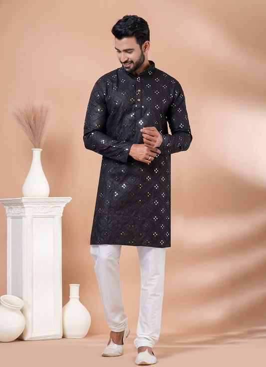 Mirror Cotton Black Kurta Pyjama - M7797