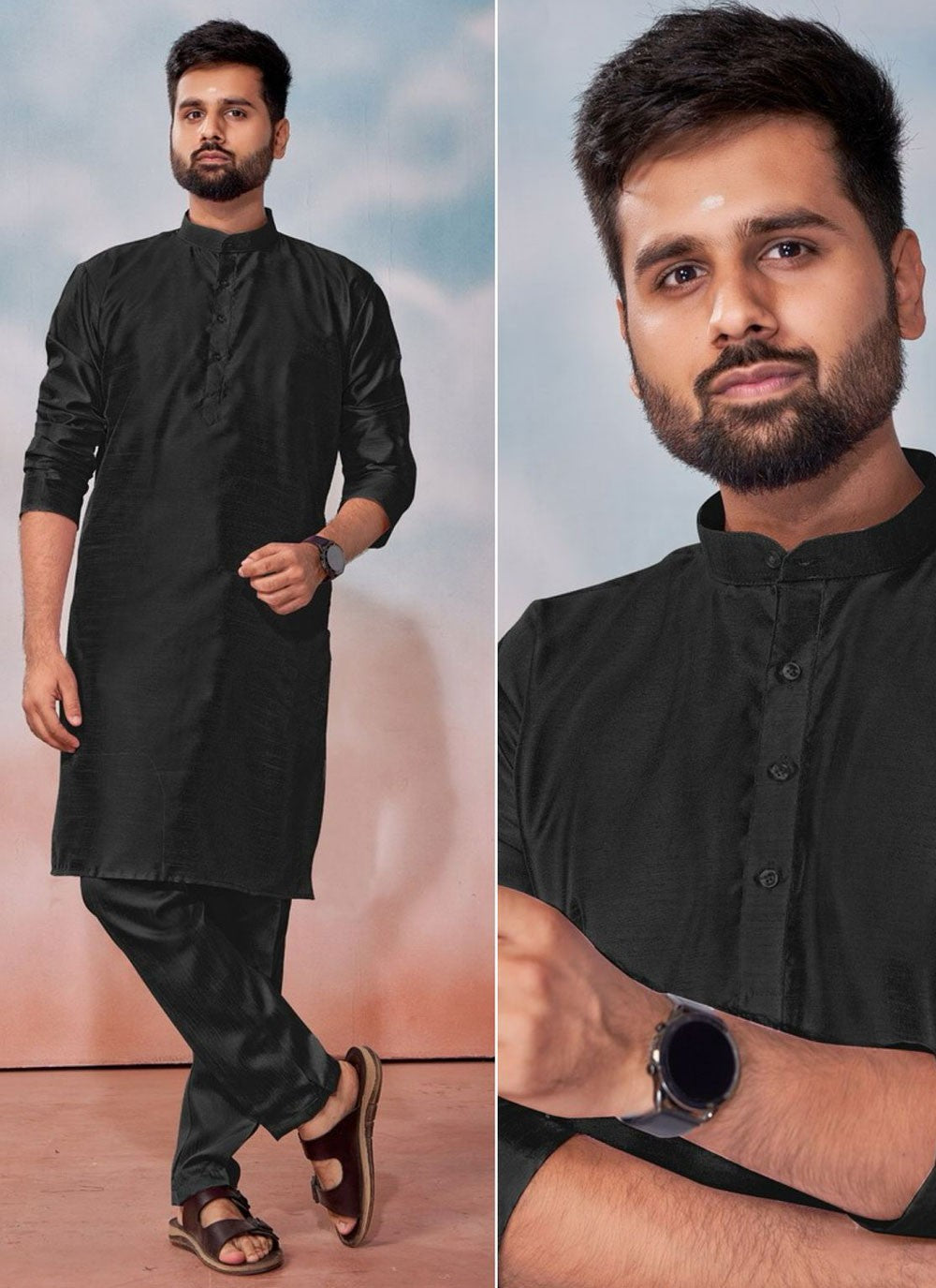 Plain Banglori Silk Black Kurta Pyjama - M8237