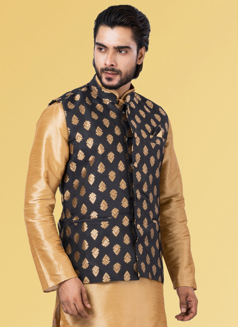 Embroidered Jacquard Silk Black Nehru Jackets - M3836