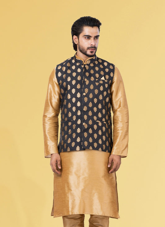 Embroidered Jacquard Silk Black Nehru Jackets - M3836