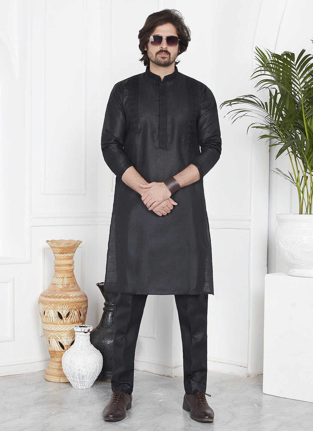 Fancy Work Cotton , Linen Black Kurta Pyjama - M7096