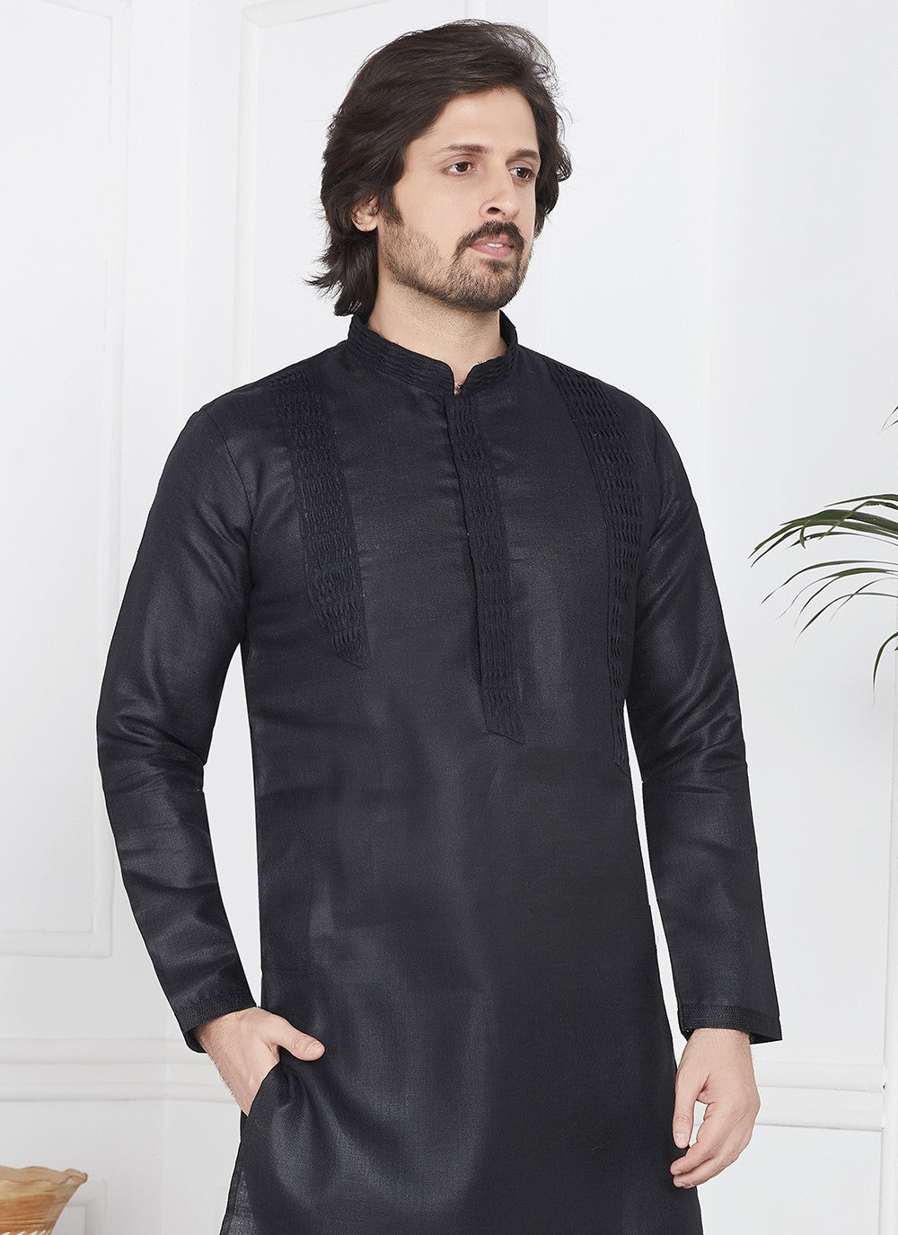 Fancy Work Cotton , Linen Black Kurta Pyjama - M7096