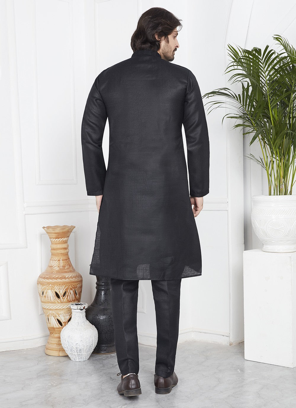 Fancy Work Cotton , Linen Black Kurta Pyjama - M7096