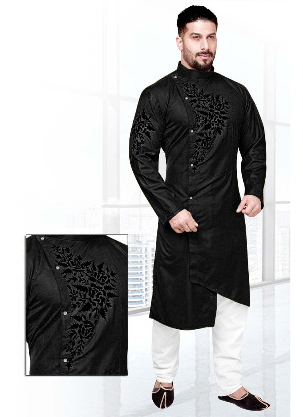 Resham Cotton Black Kurta Pyjama - M2204