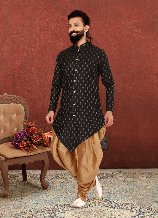 Jacquard Work Cotton Black Indo Western Sherwani - M2617