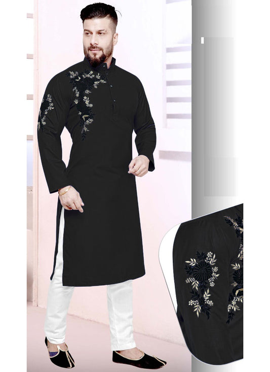 Resham Cotton Black Kurta Pyjama - M2215