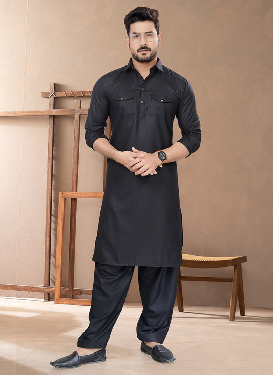 Plain Cotton Black Kurta Pyjama - M6488