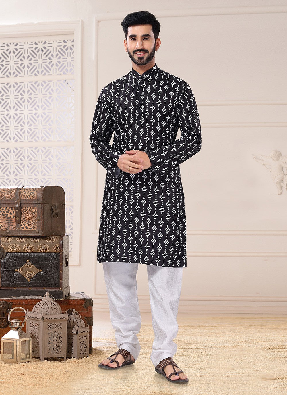 Fancy Work Cotton Black Kurta Pyjama - M4709