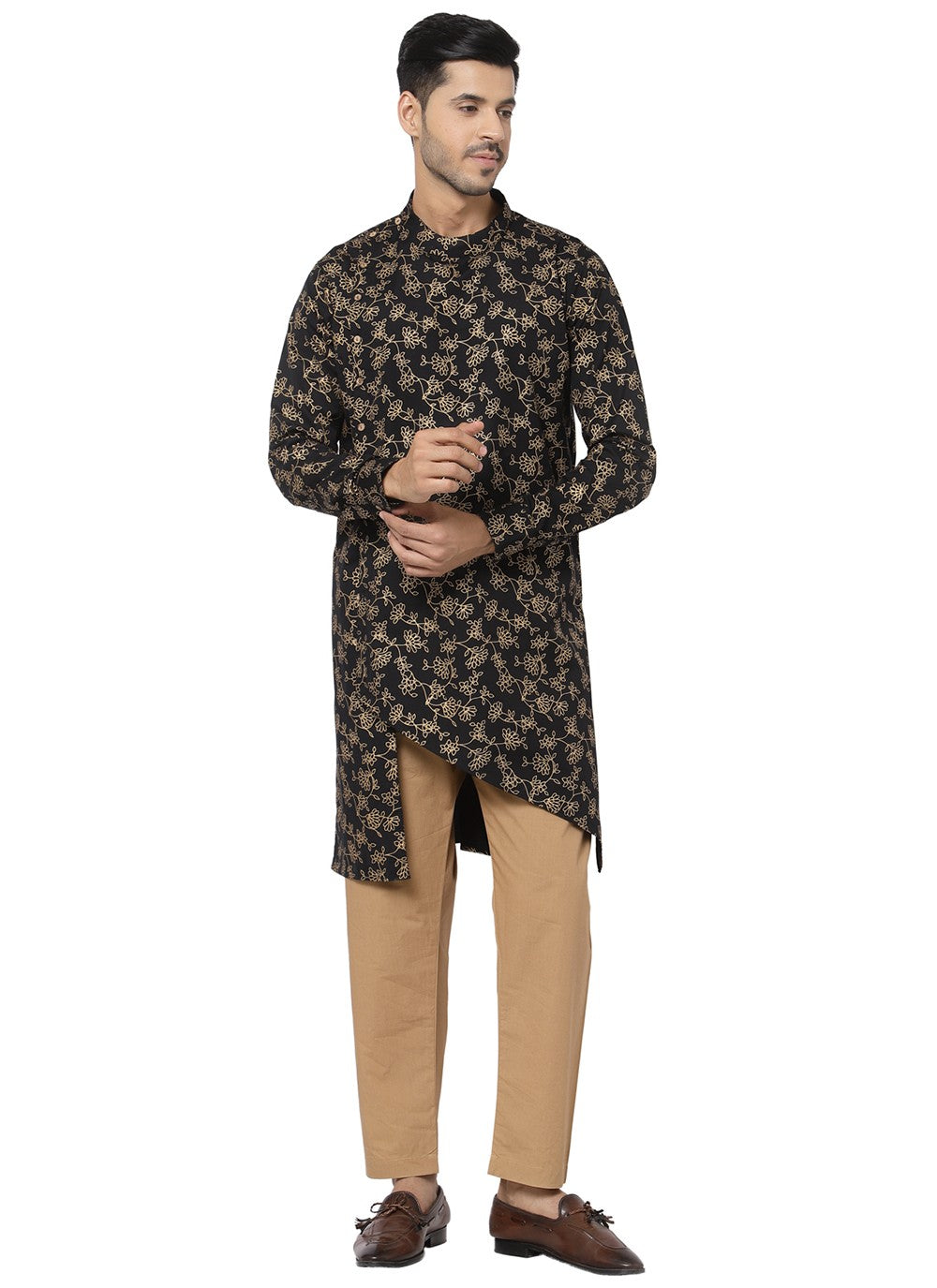 Printed Cotton Black Kurta Pyjama - M3193