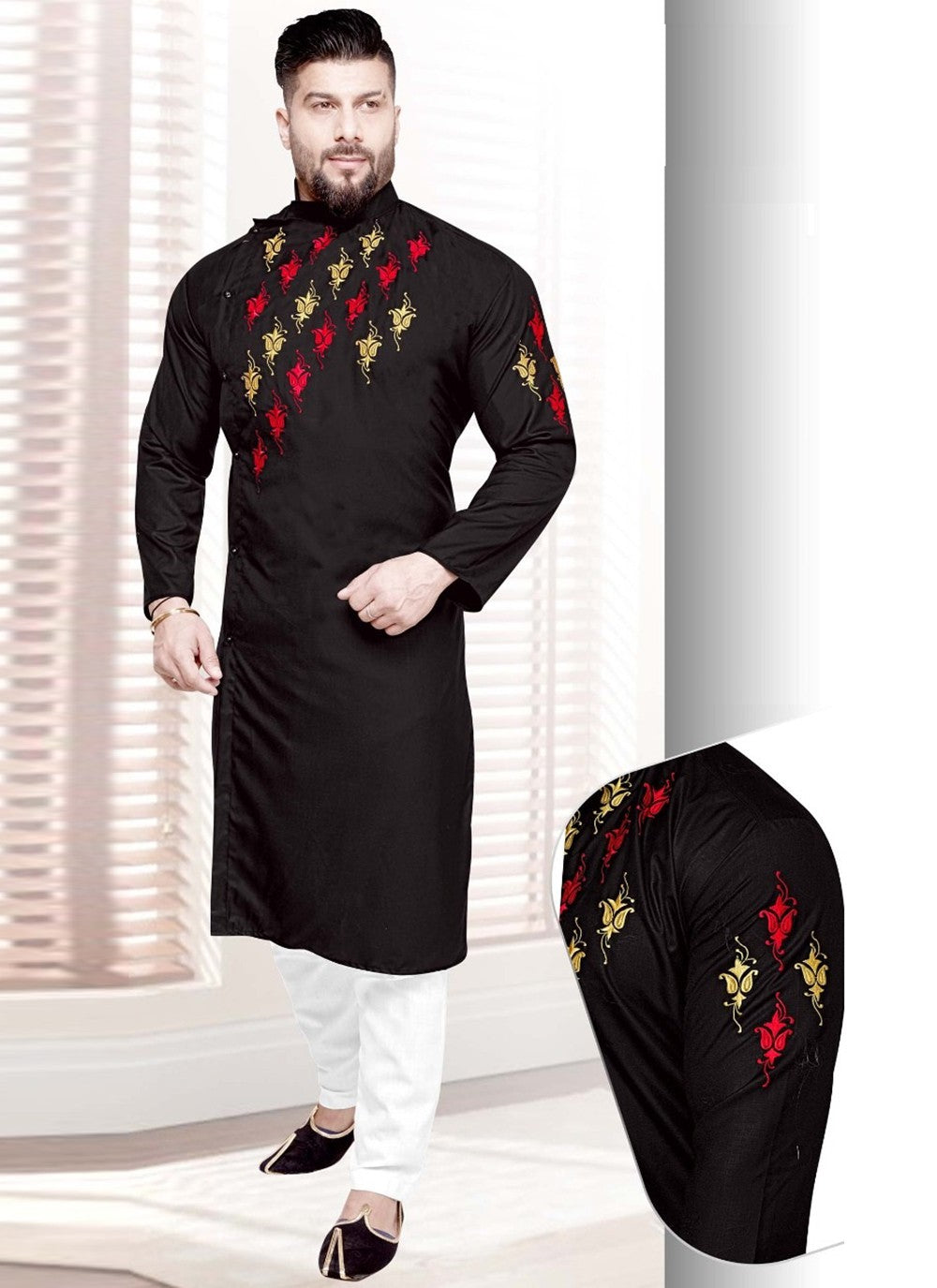 Resham Cotton Black Kurta Pyjama - M2202