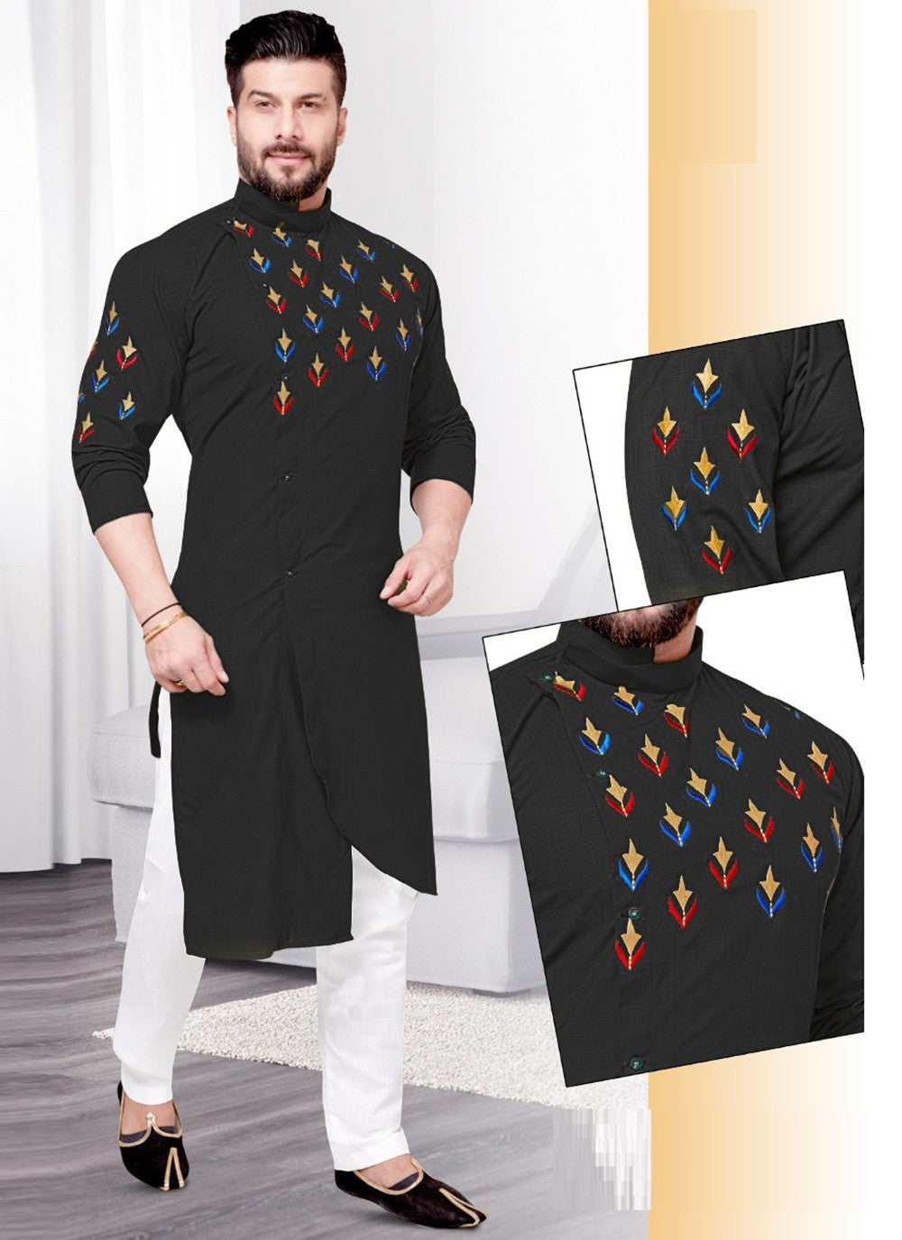 Resham Cotton Black Kurta Pyjama - M2213