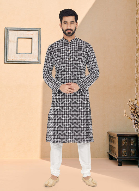 Embroidered Cotton Silk Black Kurta Pyjama - M4979