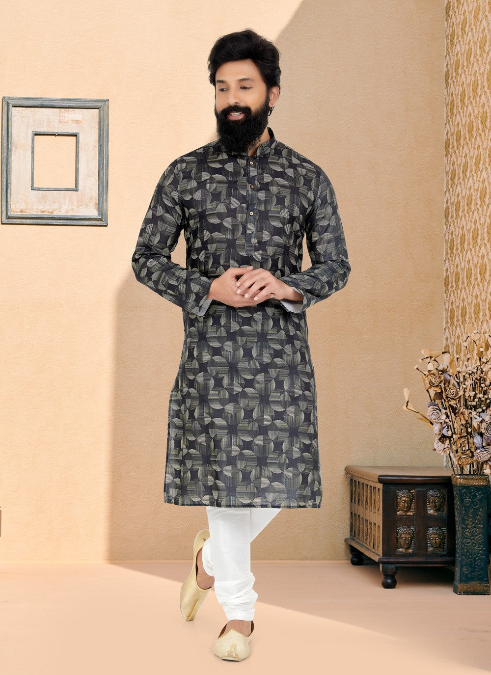 Digital Print Cotton Black Kurta Pyjama - M5066