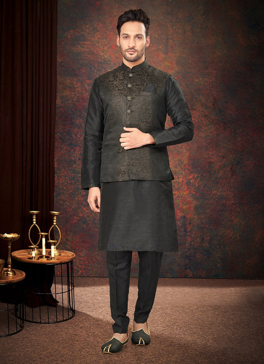 Digital Print Jacquard Black Kurta Payjama With Jacket - M7177