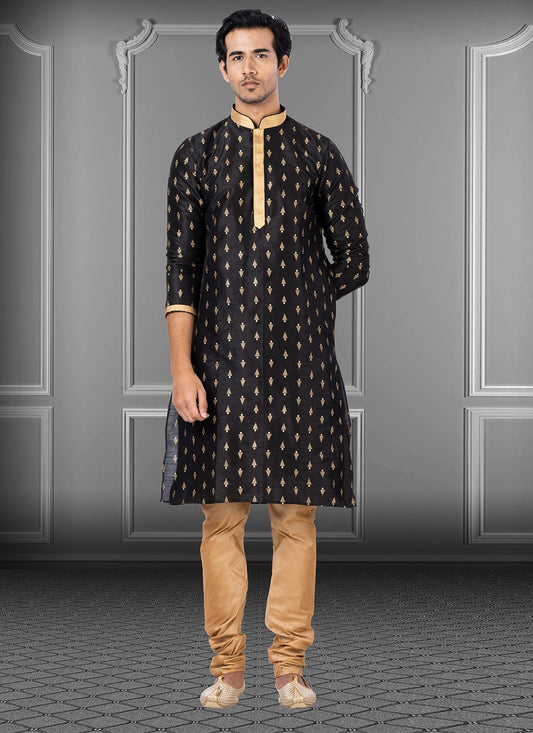 Printed Dupion Silk Black Kurta Pyjama - M3655