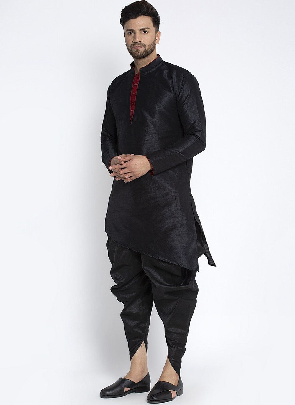 Plain Dupion Silk Black Dhoti Kurta - M2393