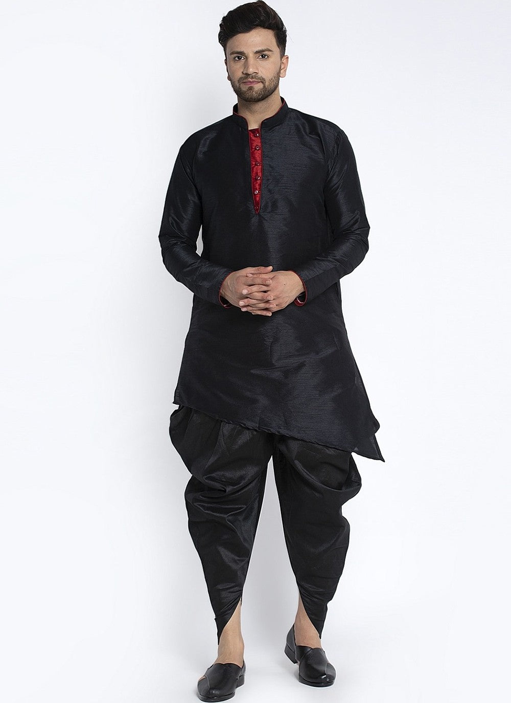 Plain Dupion Silk Black Dhoti Kurta - M2393