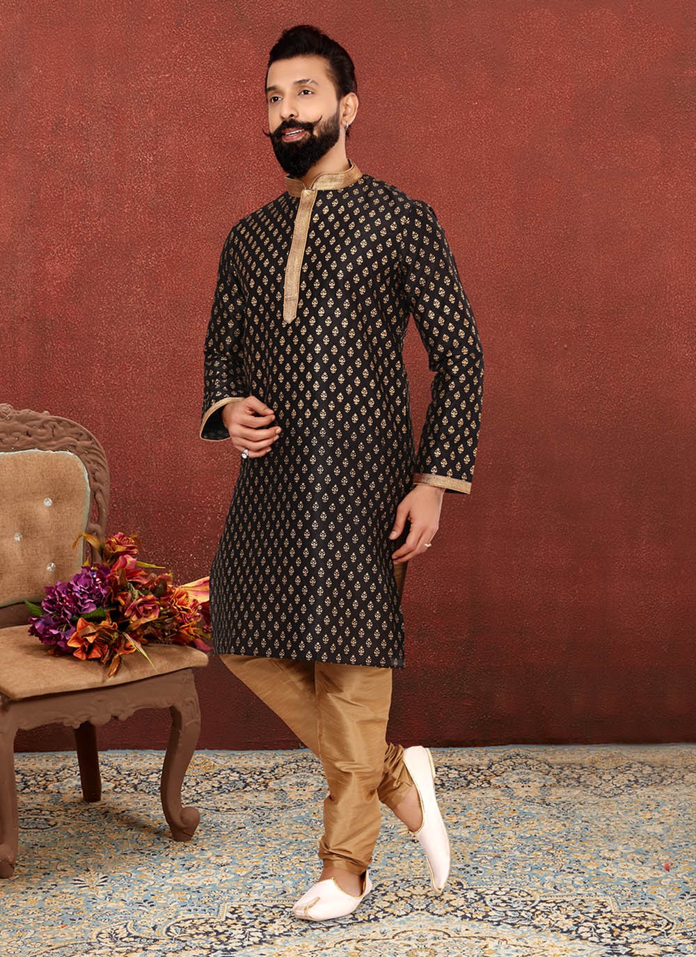 Embroidered Dupion Silk Black Kurta Pyjama - M2610