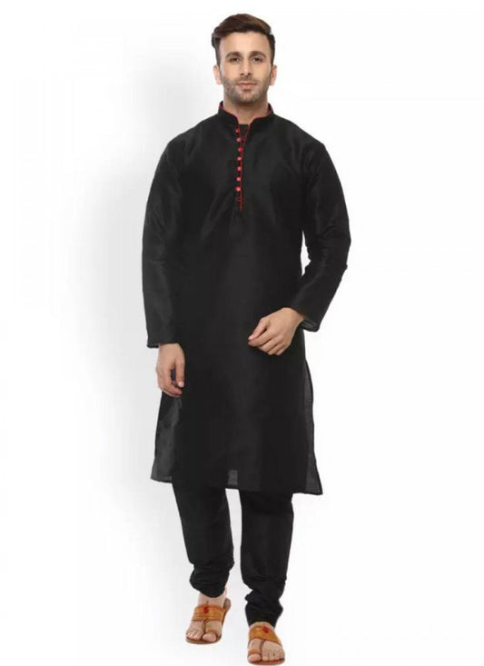 Plain Dupion Silk Black Kurta Pyjama - M1043