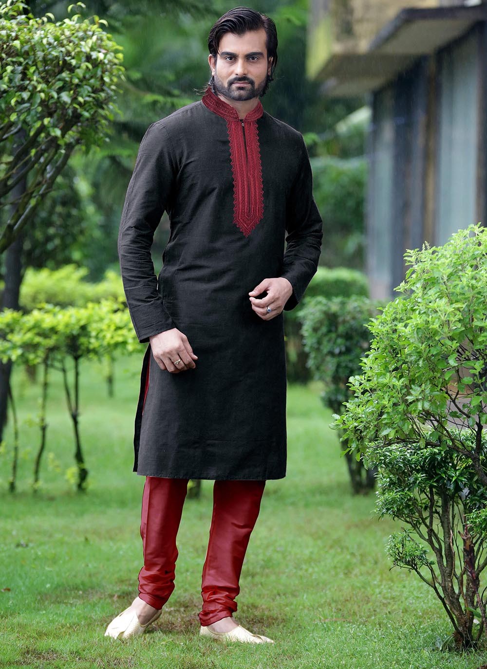 Embroidered Dupion Silk Black Kurta Pyjama - M2133