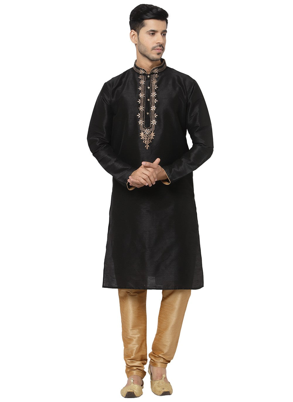 Embroidered Dupion Silk Black Kurta Pyjama - M3199