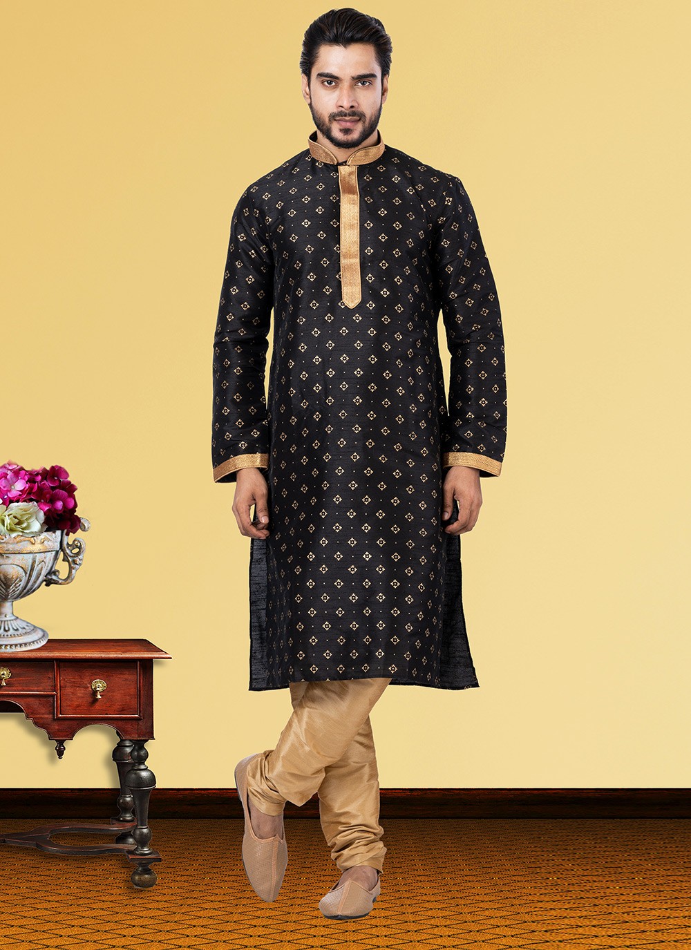 Printed Dupion Silk Black Kurta Pyjama - M3697