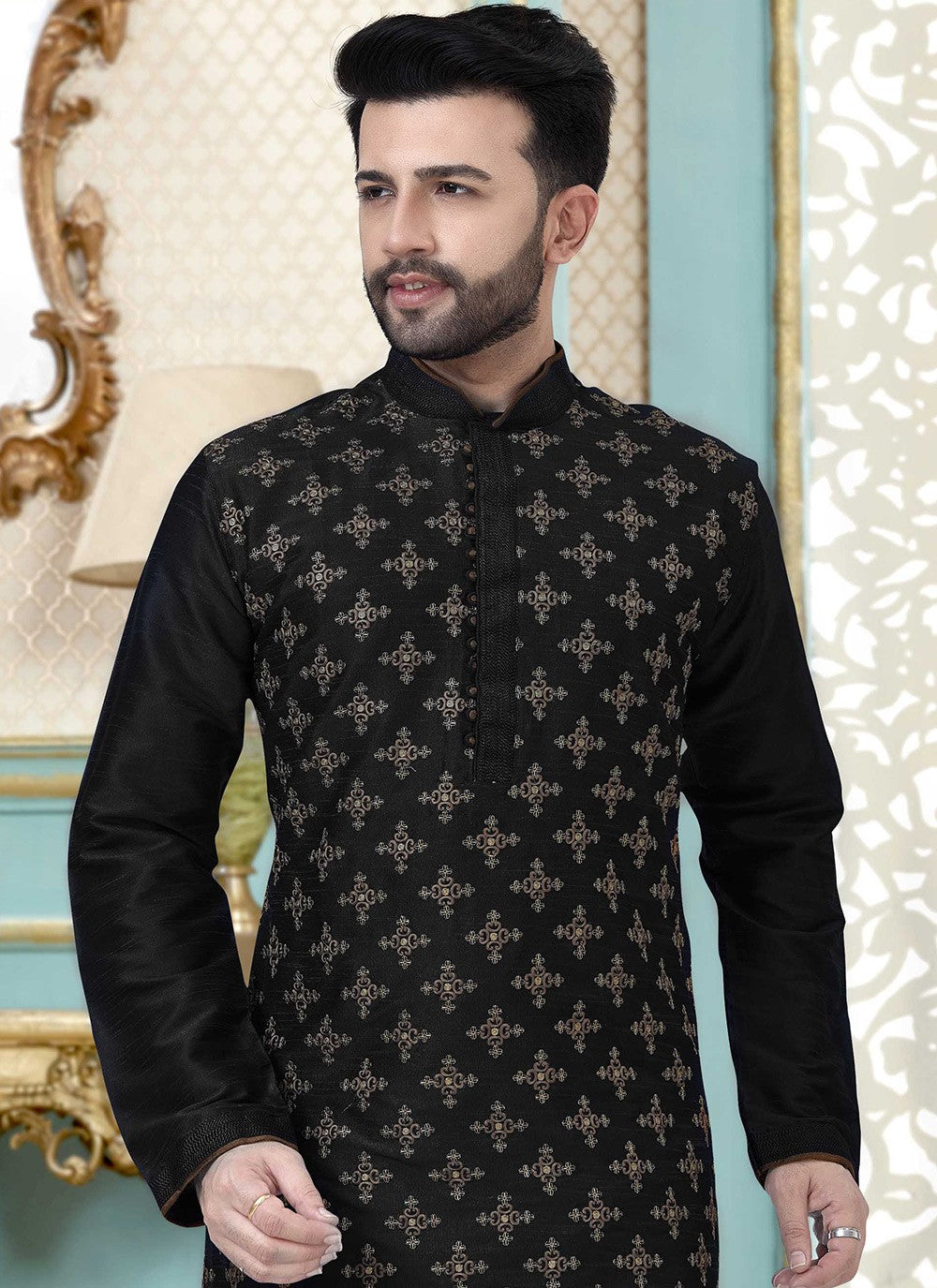 Embroidered Dupion Silk Black Kurta Pyjama - M3874