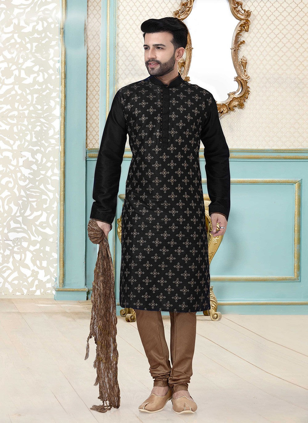 Embroidered Dupion Silk Black Kurta Pyjama - M3874