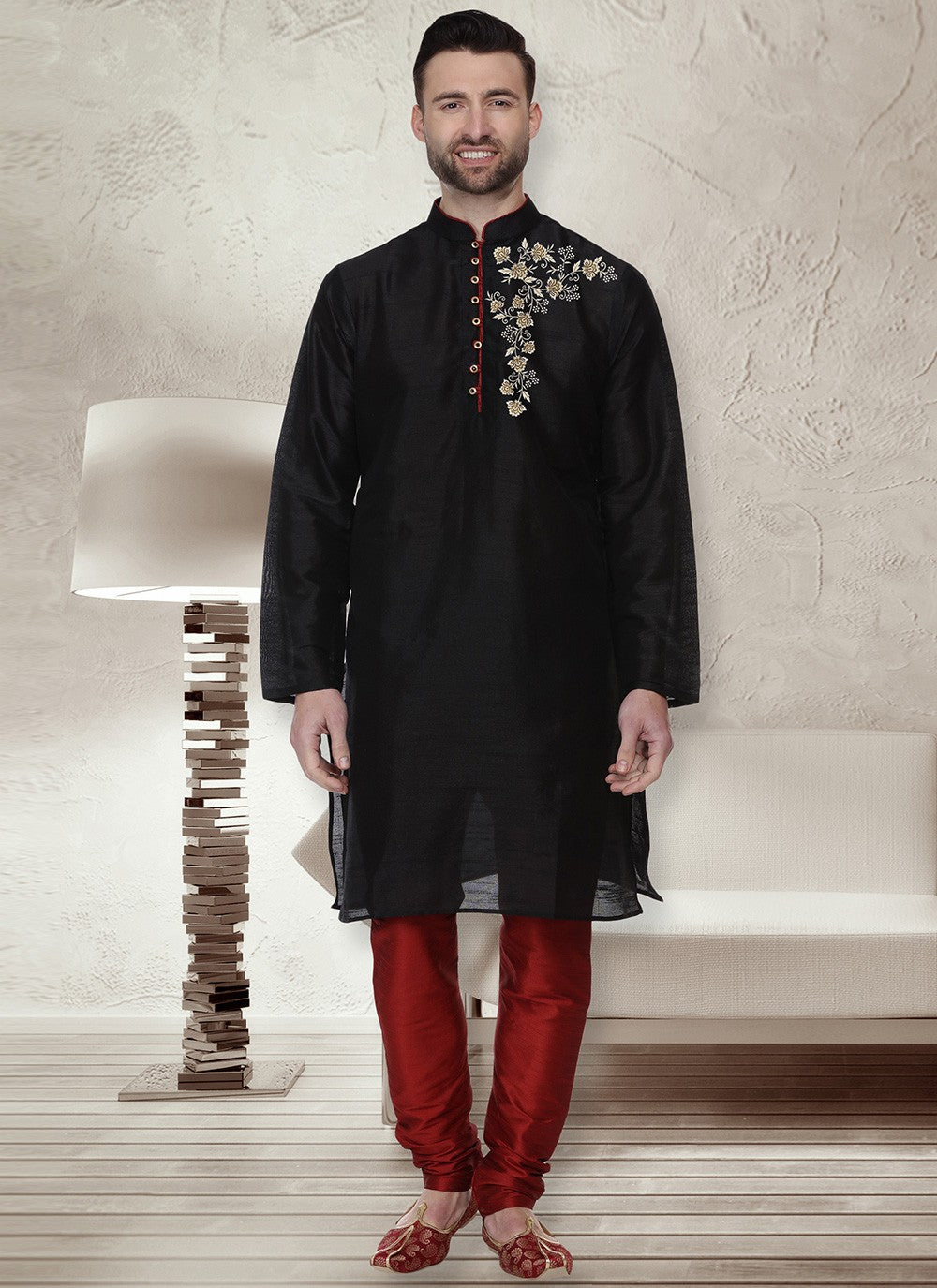 Machine Embroidery Dupion Silk Black Kurta Pyjama - M5659