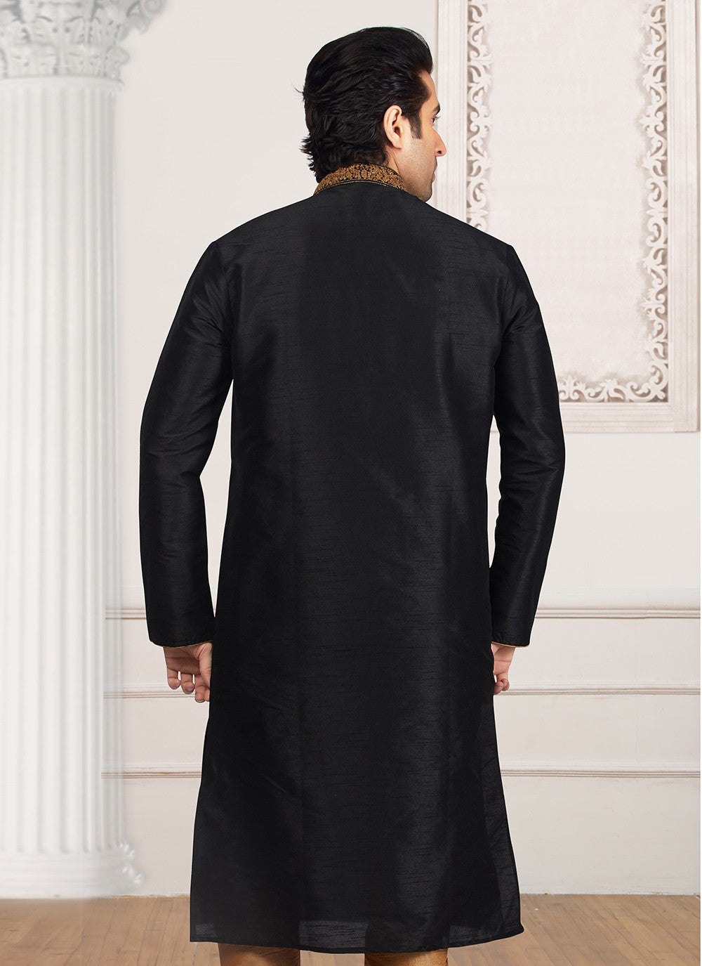 Embroidered Dupion Silk Black Kurta Pyjama - M6554