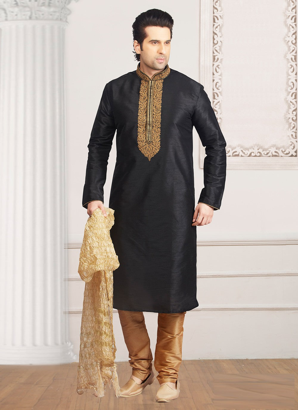 Embroidered Dupion Silk Black Kurta Pyjama - M6554