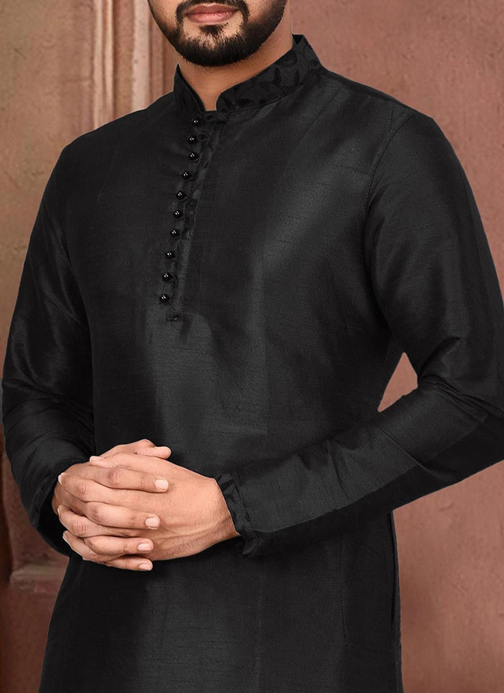 Embroidered Dupion Silk Black Kurta Pyjama - M2285