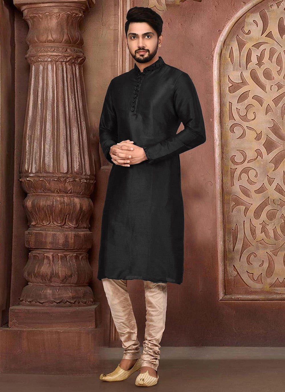 Embroidered Dupion Silk Black Kurta Pyjama - M2285