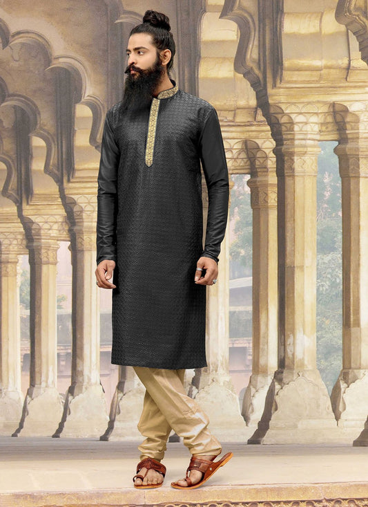 Embroidered Dupion Silk Black Kurta Pyjama - M2533