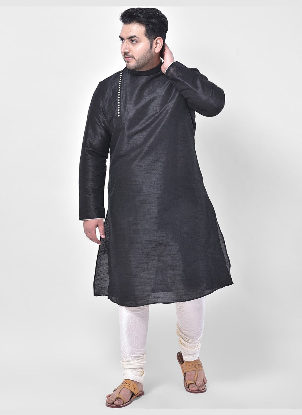 Plain Dupion Silk Black Kurta Pyjama - M2661